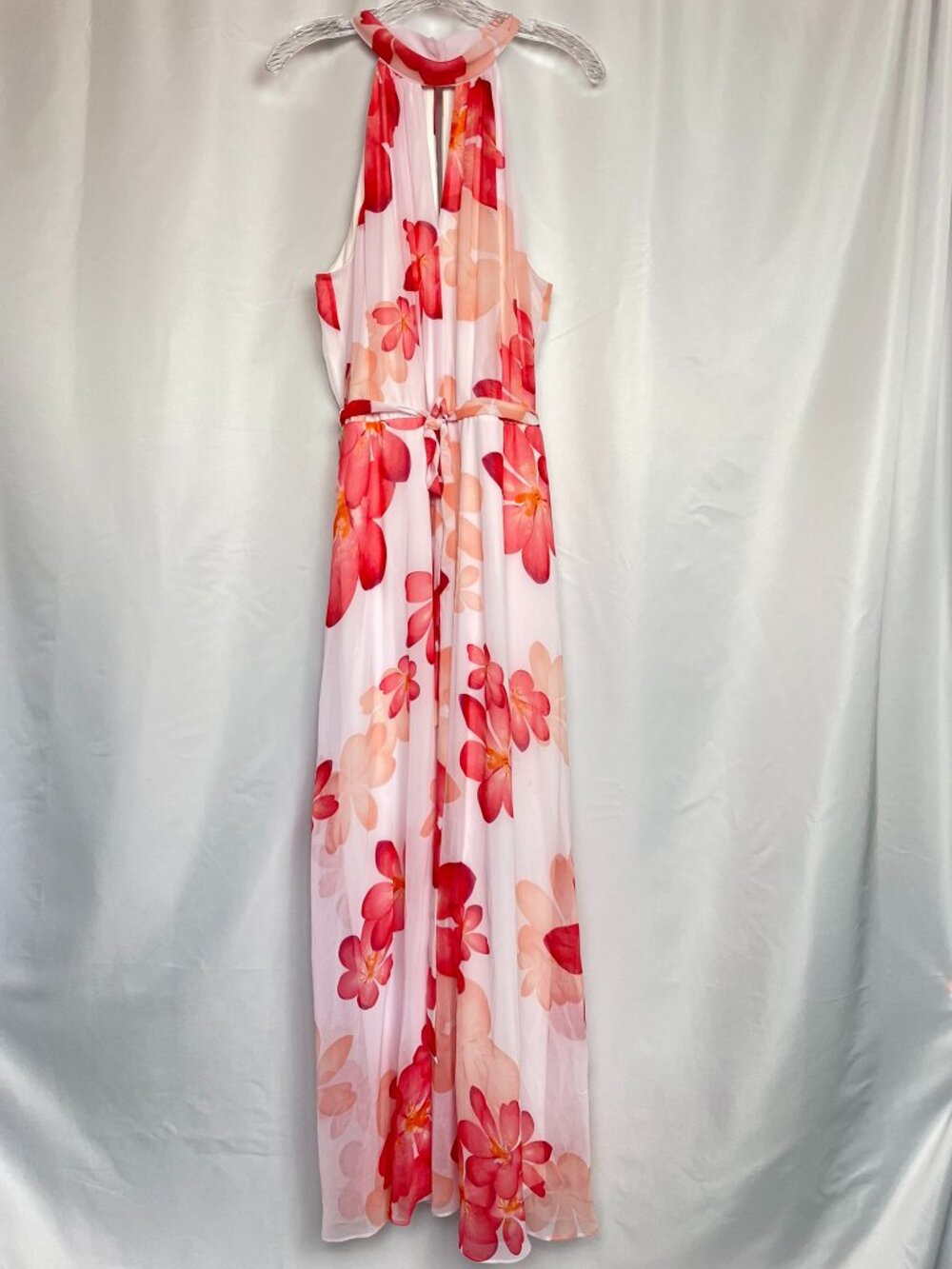Romantic Garden Pink Orange Floral Halter Soiree Maxi Calvin Klein Dress 16